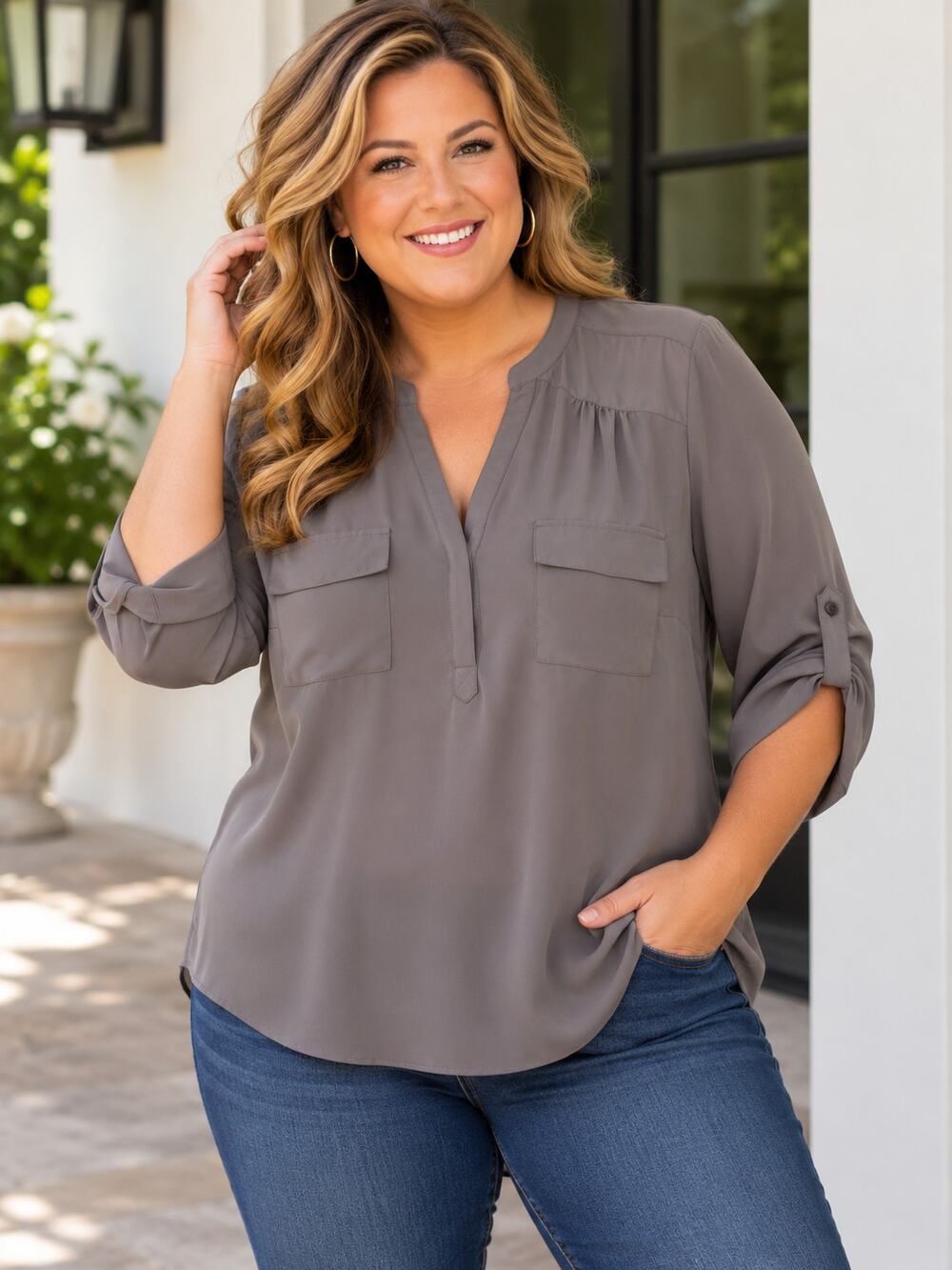 Torrid Plus Size 2 Gray Roll Tab Sleeve Utility Blouse Hi Low Tunic Top